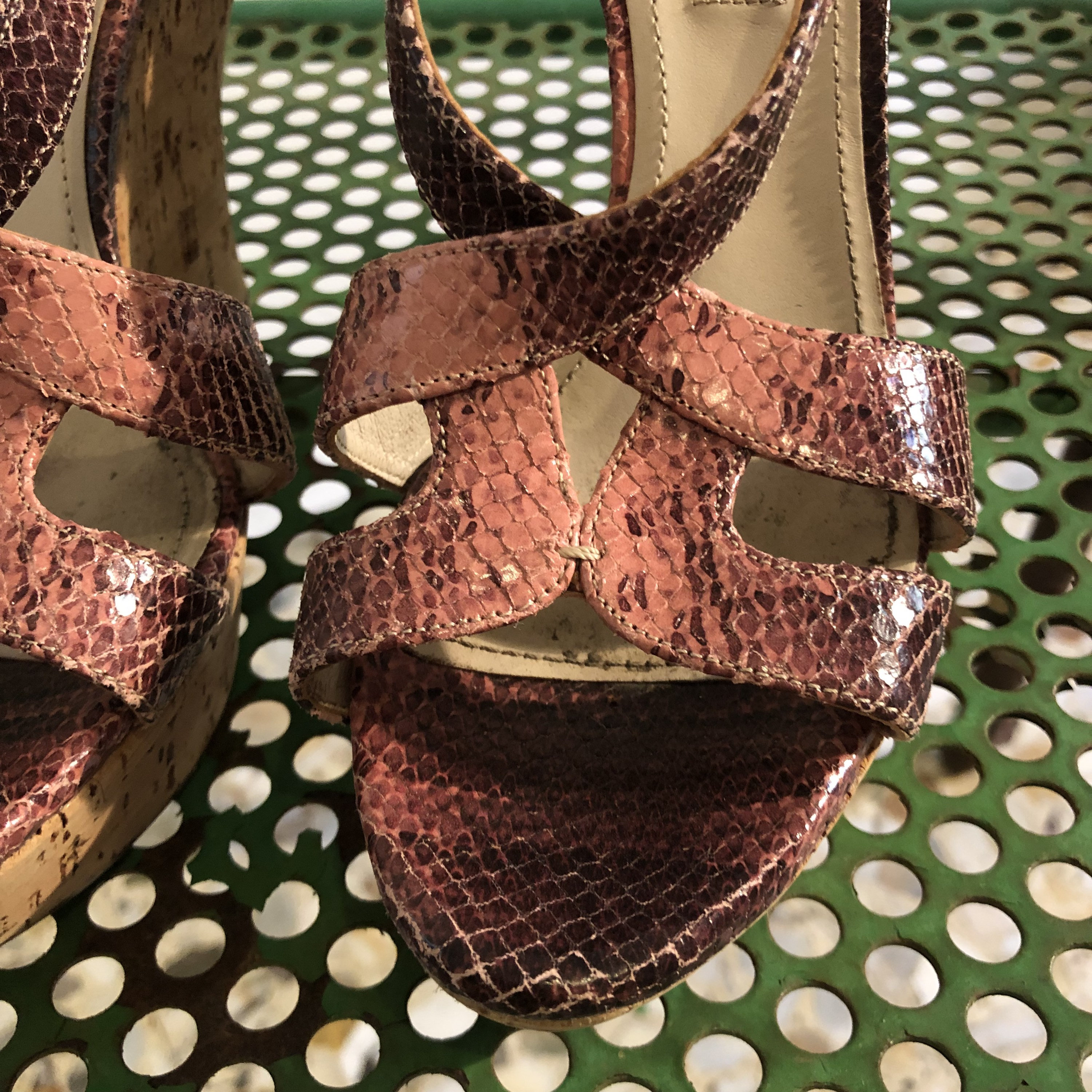 Y2K Miu Miu Cork Wedge Heel Pink Python Boho Sandle Clogs