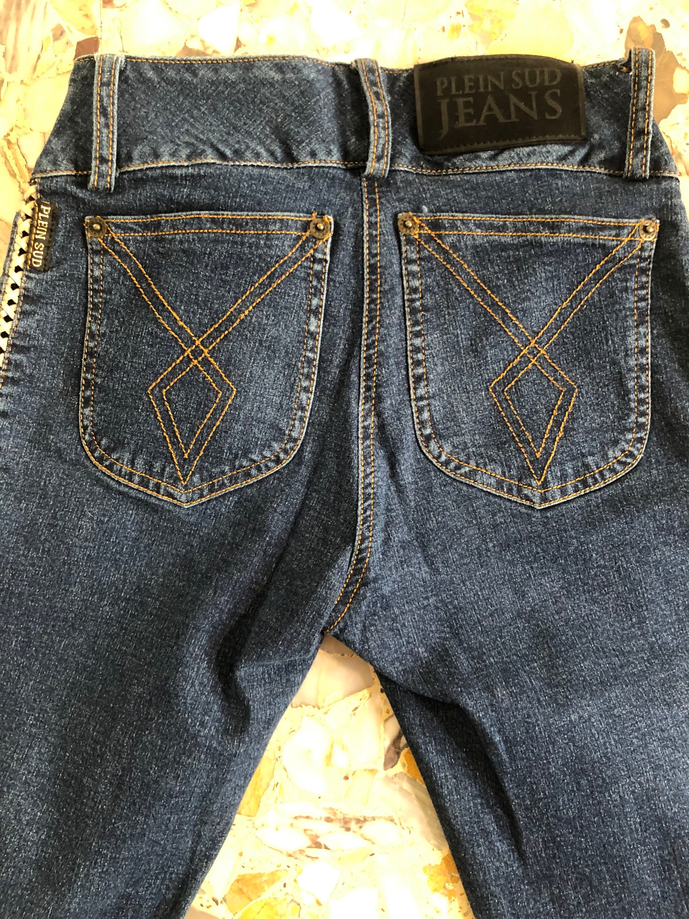PLEIN SUD JEANS Y2K ドレープ ジャージー スカート 36 Y2K Plein Sud Stretch Denim Jeans Exposed Button, Lattice Detail