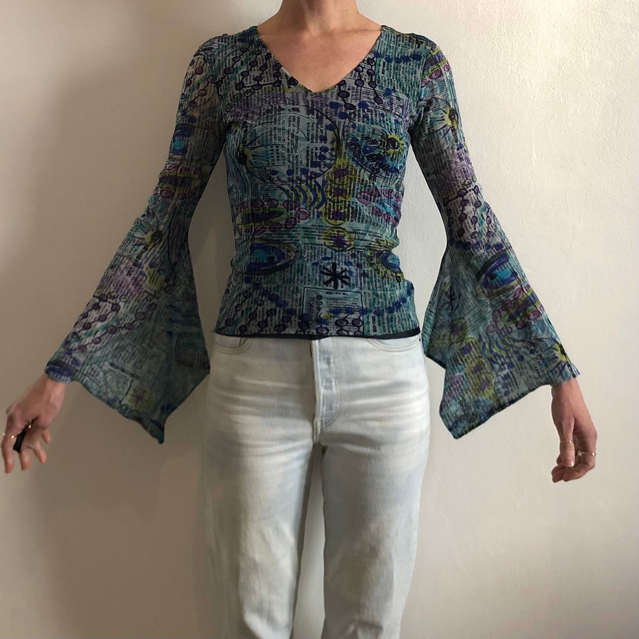 Vintage 90s Kenzo Blue Mesh Top, Native Long Sleeve Top