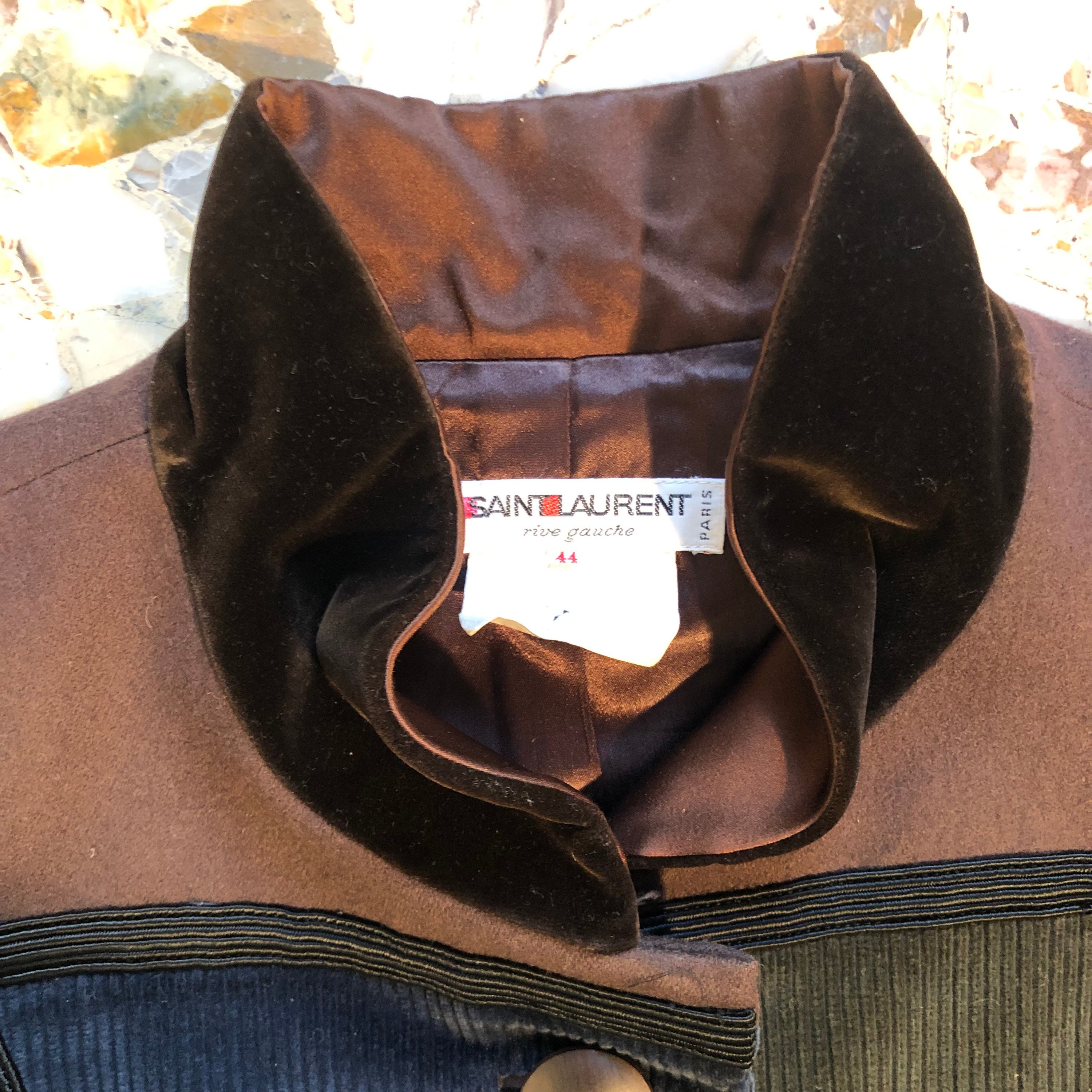 70s Saint Laurent Rive Gauche Wool Velvet Military Coat With Wood