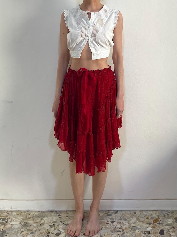 スカート Jean Paul GAULTIER 00s Frilled Skirt 90s Jean Paul Gaultier Deep Red Embroidered Eyelet Mesh