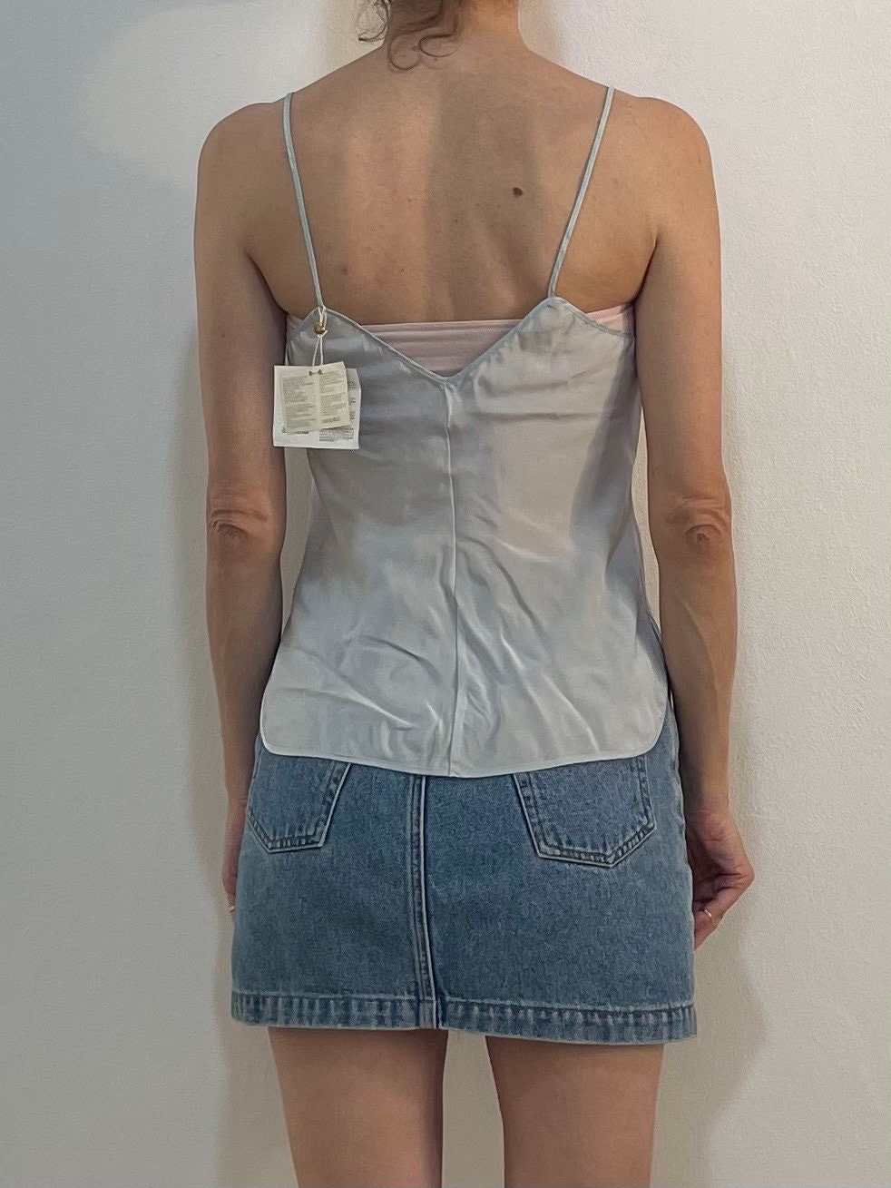 LA PERLA 水色 サテン レース キャミソールサイズL未使用品シルク65