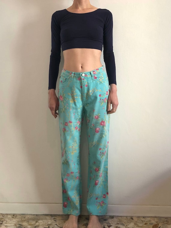 90s Cavalli Sky Blue Floral Straight Leg Stretch Jeans Romantic