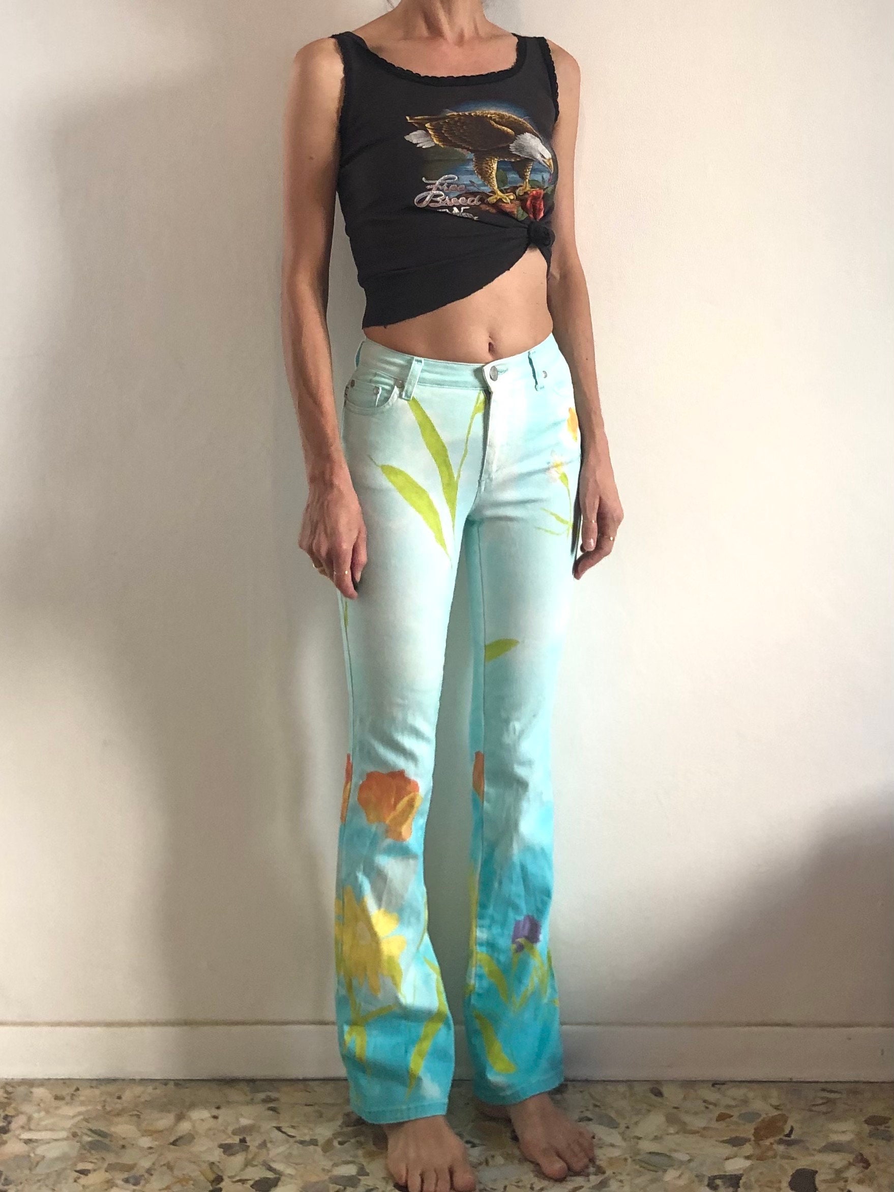 90s Cavalli Sky Blue Floral Stretch Jeans Romantic Dreamy Pop