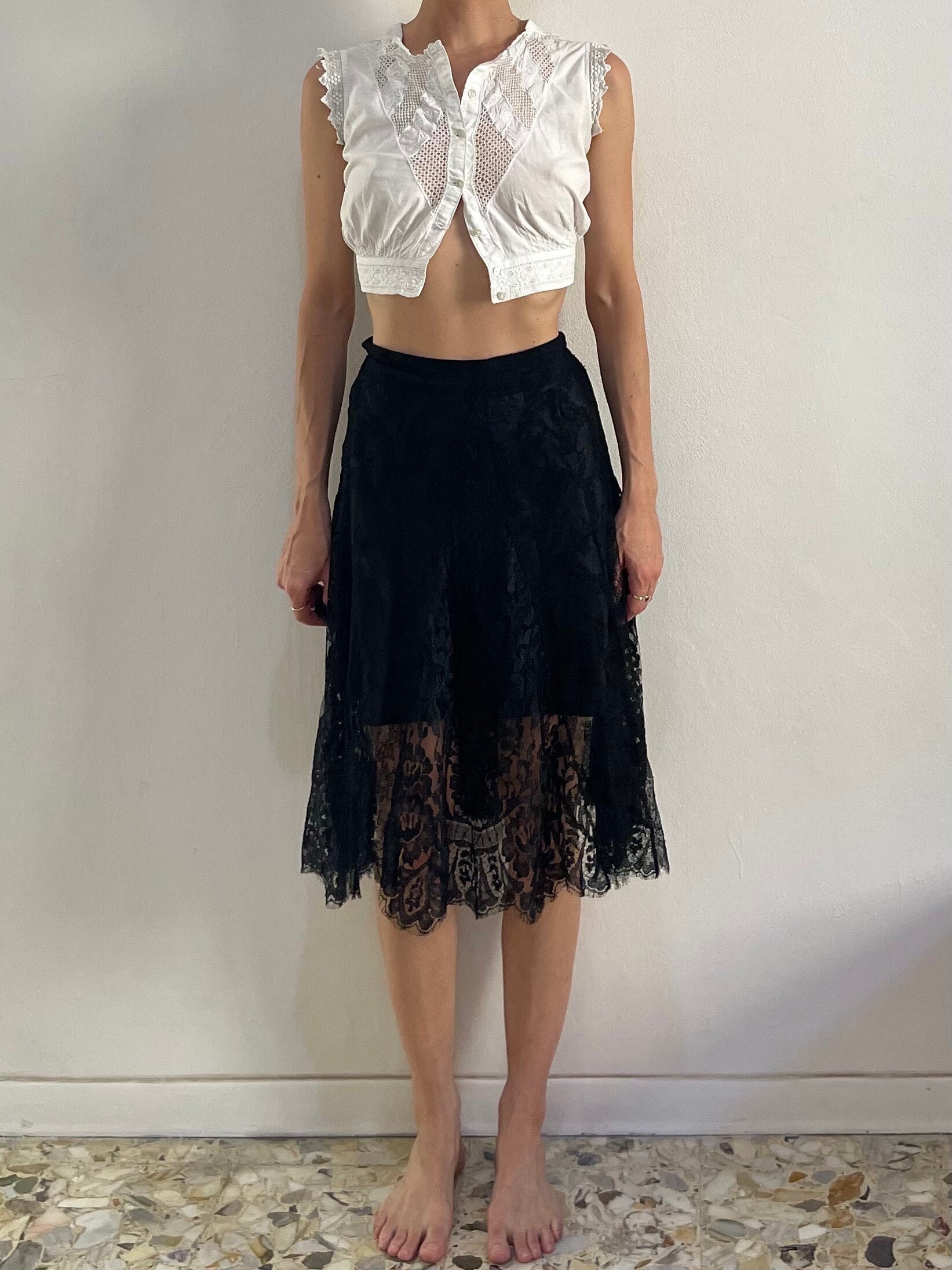 Christian Lacroix スカート 80s Christian Lacroix Black Lace Full Skirt Flirty Flamenco