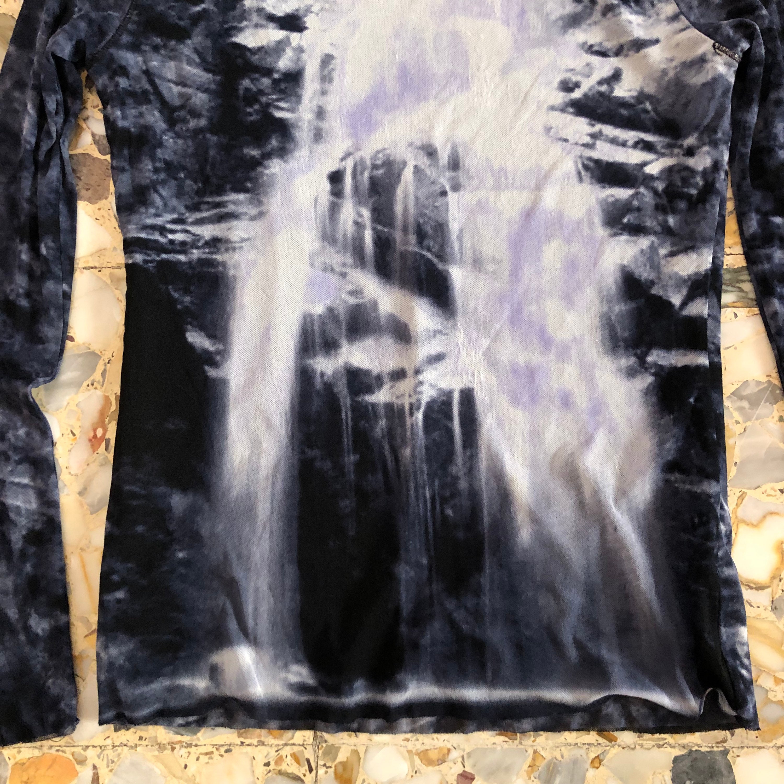 90s Vivienne Tam Abstract White and Blue Sheer Stretch Mesh T