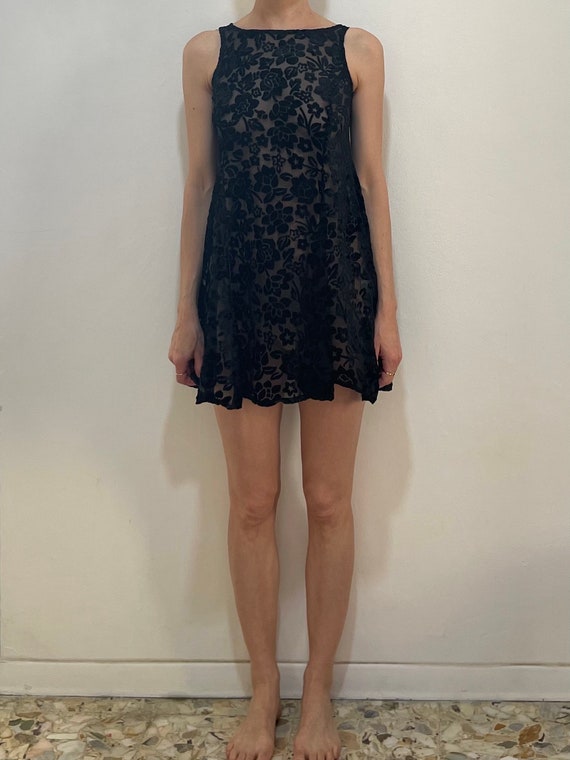 90s Betsey Johnson Black Velvet Burn Out Floral Mini Baby Doll Dress Small Size