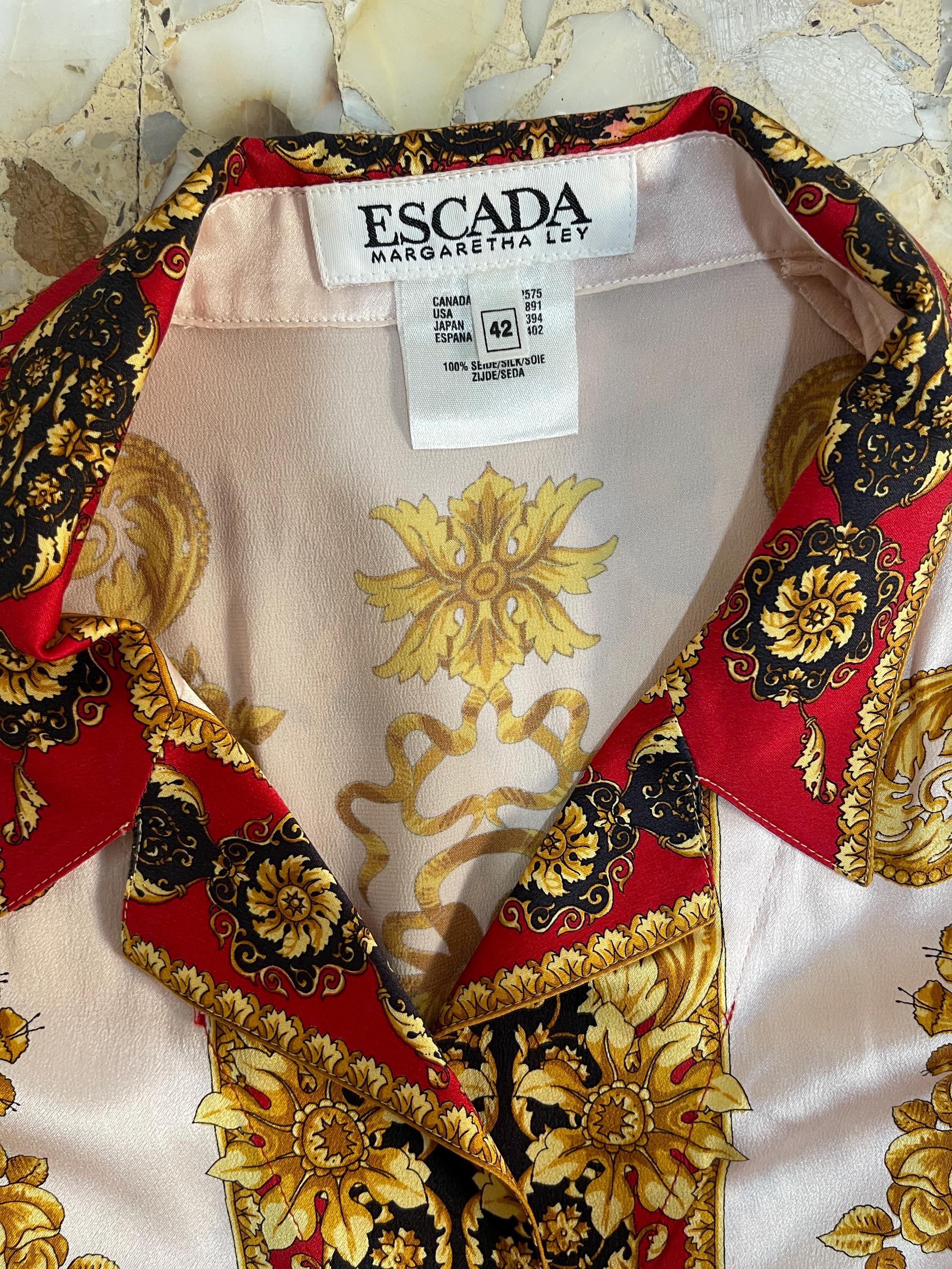 80s Escada Silk Satin Baroque Op Art Psychedelic Button up Blouse 