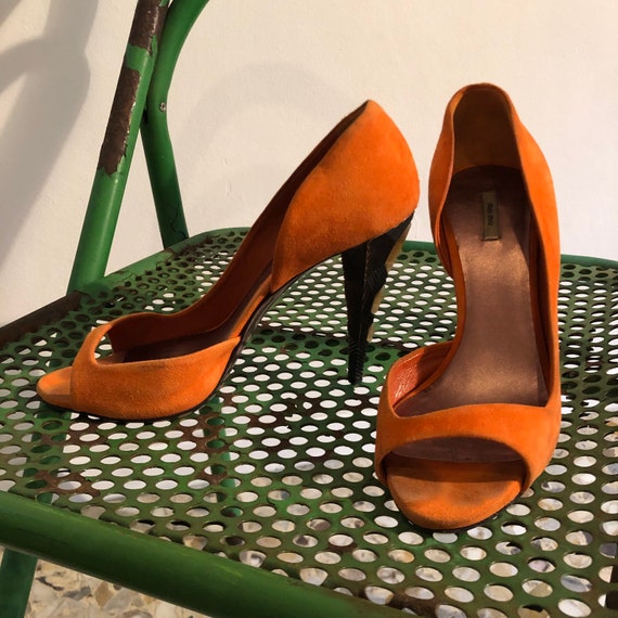 Y2K Miu Miu Orange Suede Peep Toe Heels With Jewe… - image 8