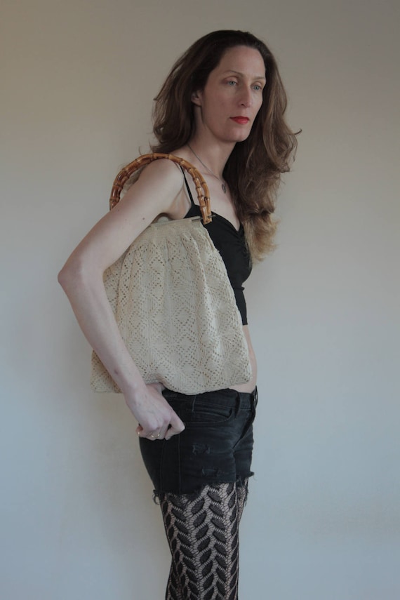 70's Hand crochet Mary Poppins purse / macrame boh