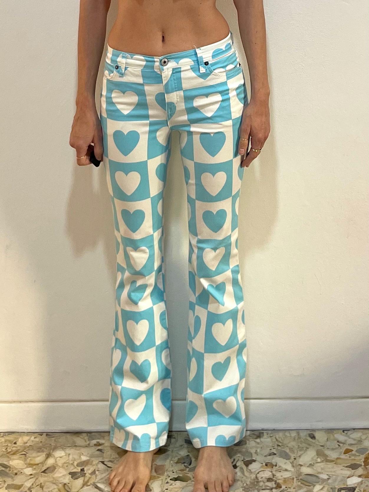 Y2K Moschino Hearts Low Waist Flare Leg Pop Cute Jeans Pants