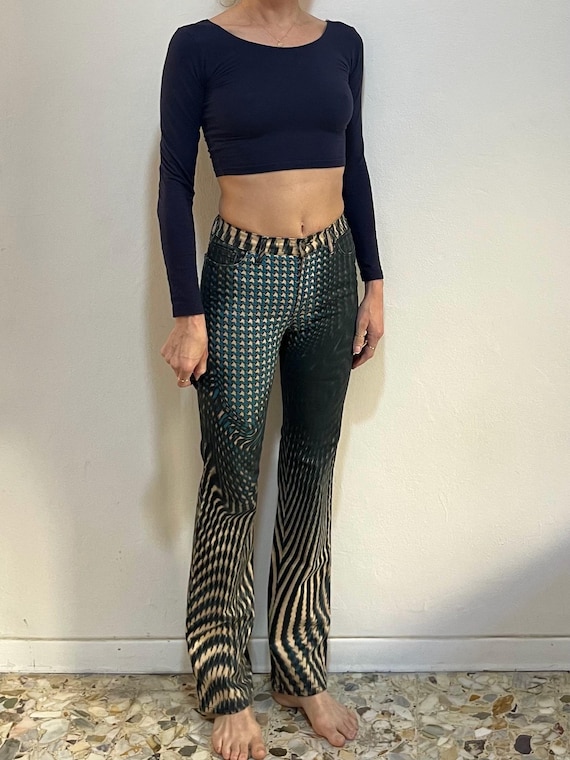 Jeans elasticizzati a zampa d'elefante con motivo pied de poule e