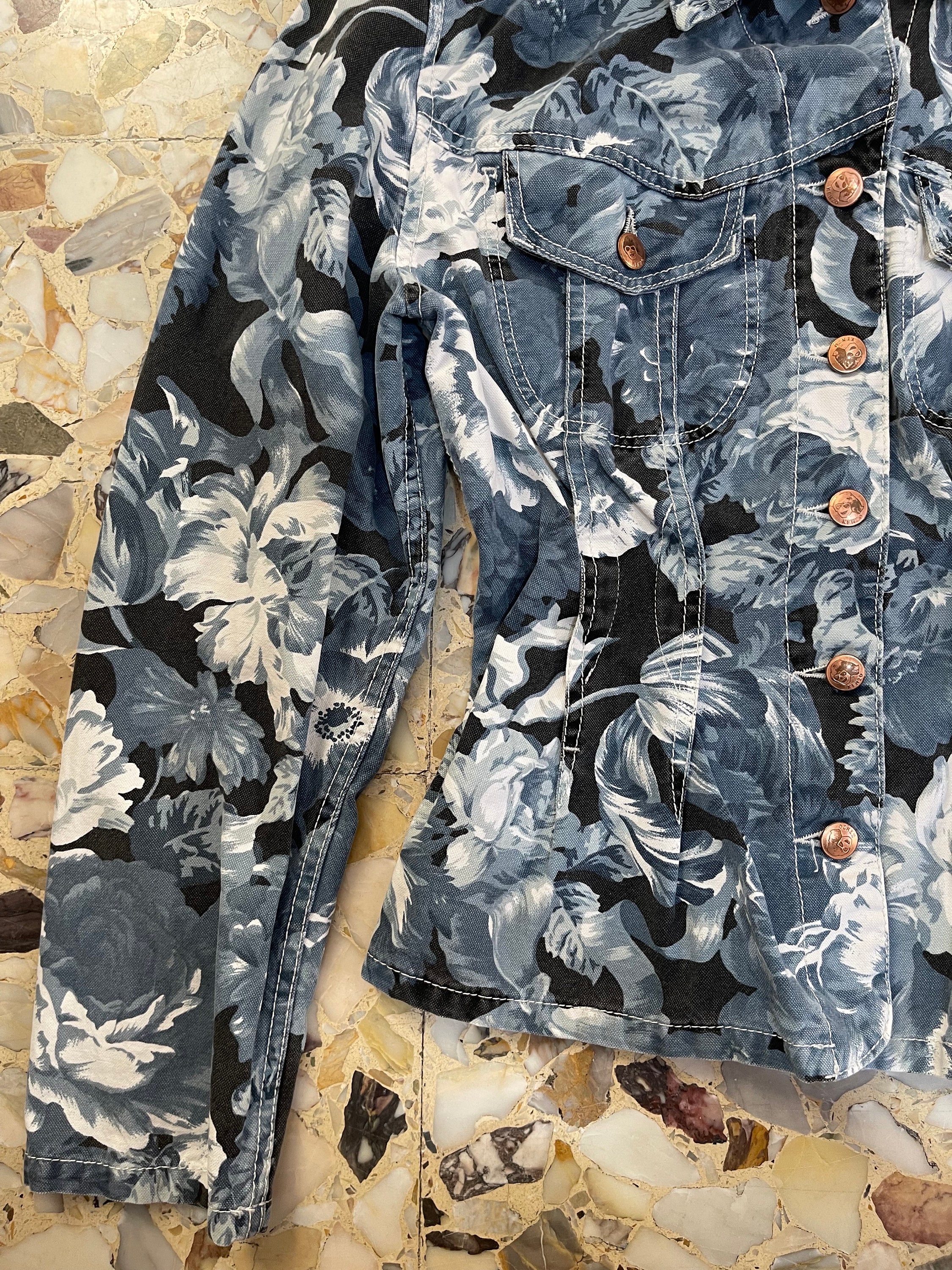 90s Kenzo Jeans Blue Floral Print Art School Denim Jacket Copper 