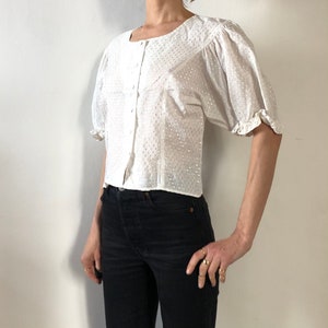 80s Cacharel Prairie Peasant Blouse White Cotton With Gathered Puff Sleeves image 2