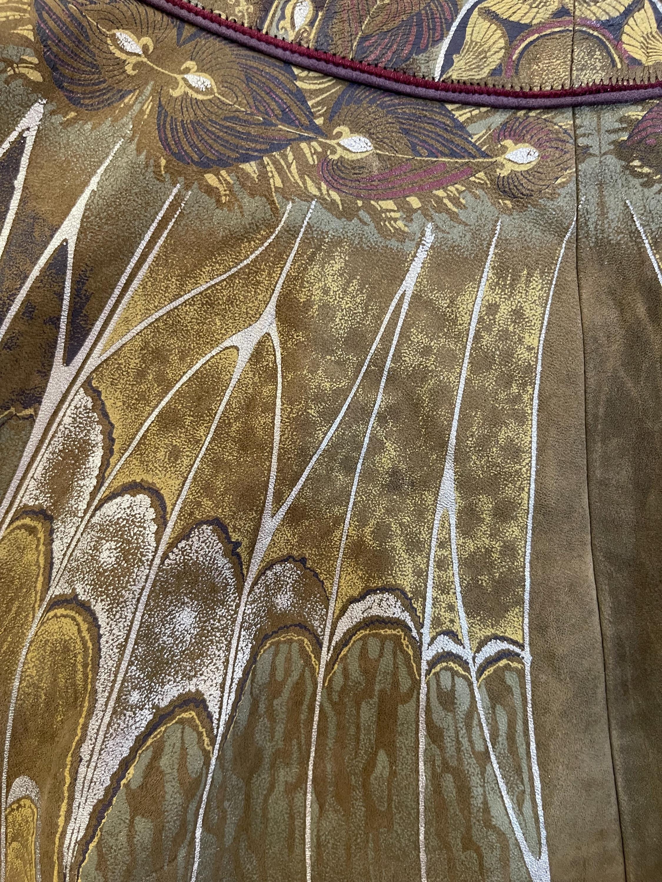 70s Roberto Cavalli Hand-painted Suede Skirt Brown Leather Dragon