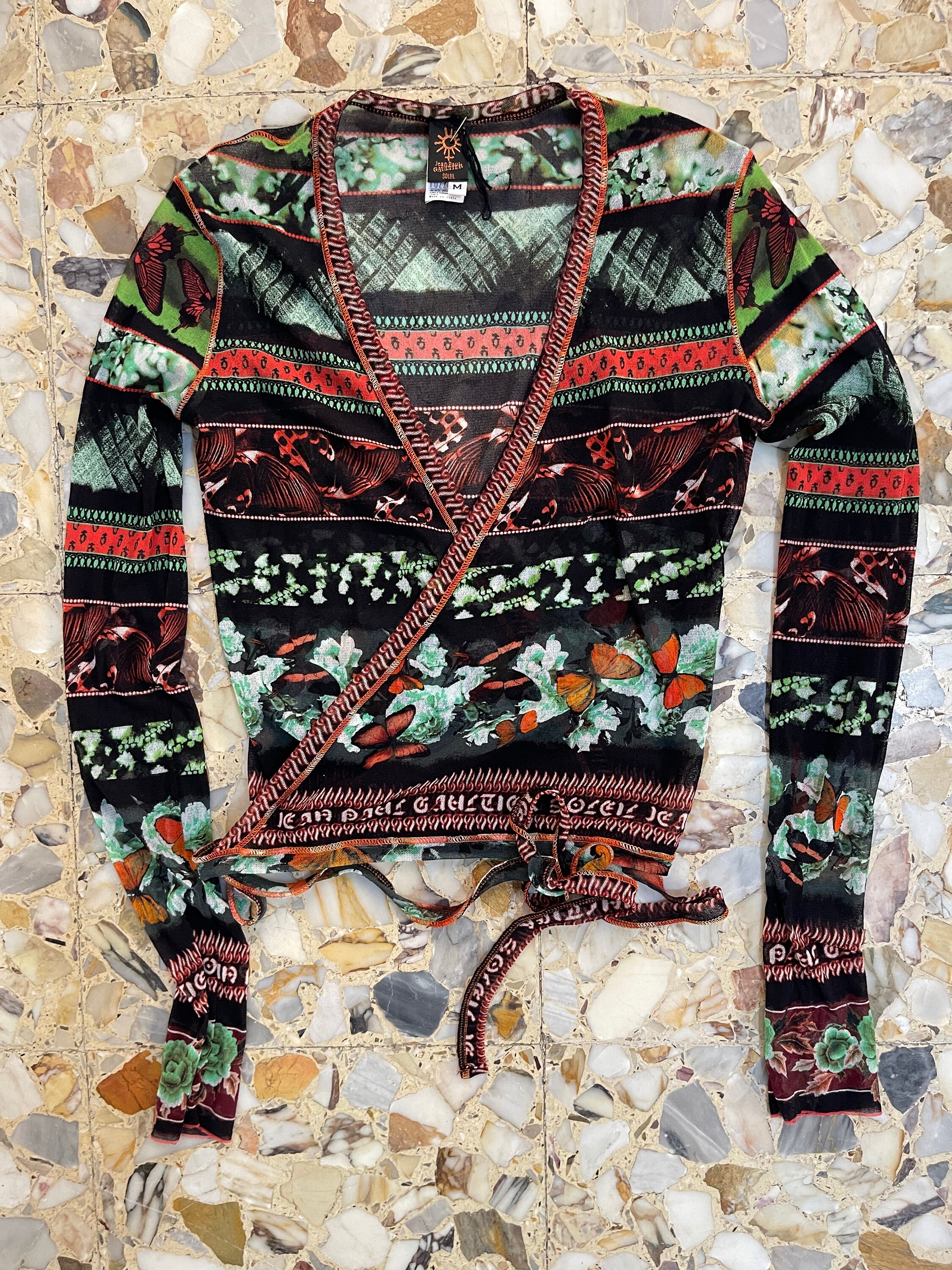 90s Jean Paul Gaultier Butterfly Print Sheer Mesh Wrap Crop