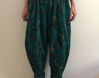 80s Kenzo Velvet Full Pleated Turquoise Floral Harem Pants 80s Kenzo Velvet Full Pleated Turquoise Floral Harem Pants
