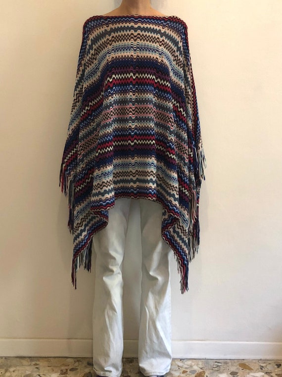 Y2K Missoni Wool Zig Zag Striped Poncho Boho Sweater Top With