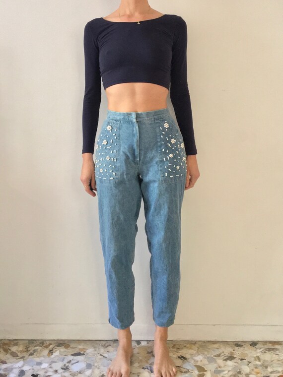 Jean mom taille haute decore de perles et de strass annees 80 Etsy France