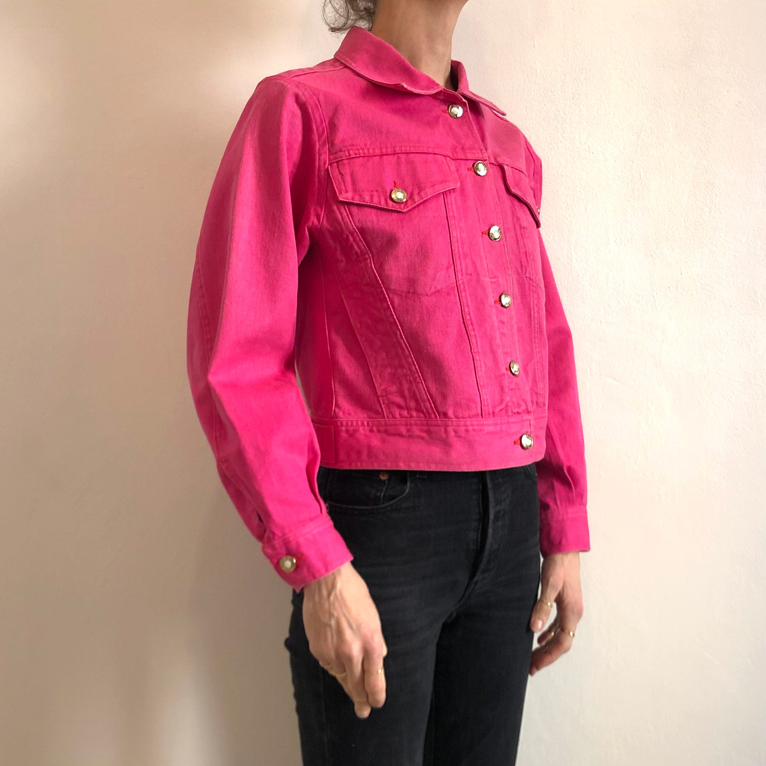 90s Versace Jeans Couture Pink Denim Jacket With Gold Button