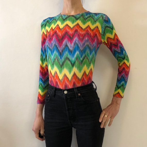 Versus Versace, 90s Versace Versus Rainbow Zig Zag Color Block Jersey Long Sleeve Body Suit