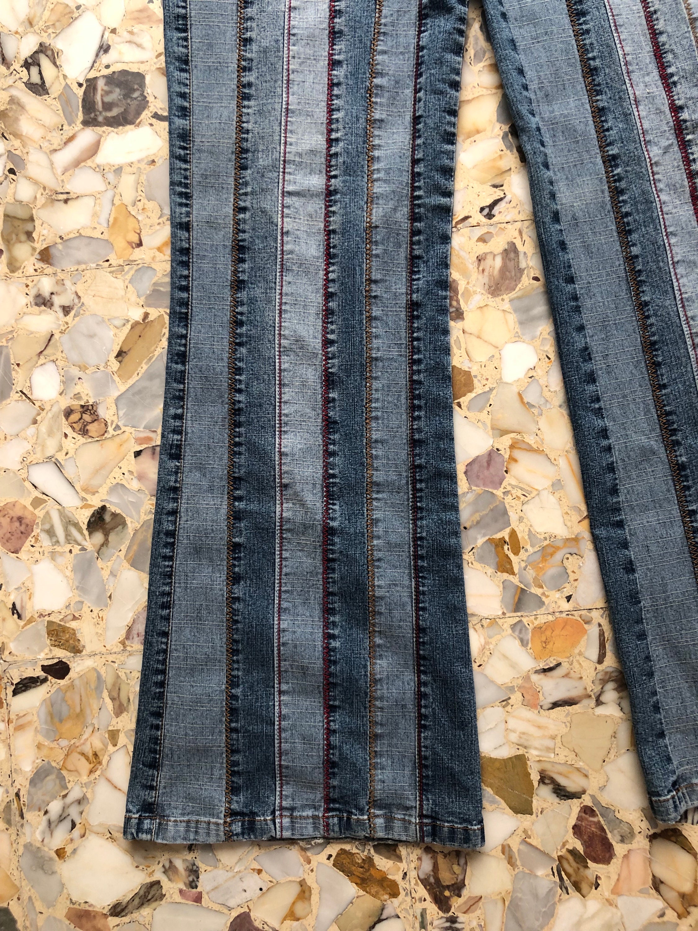 90s Stars and Stripes Patchwork Bell Bottom Flare Leg Faded Denim 