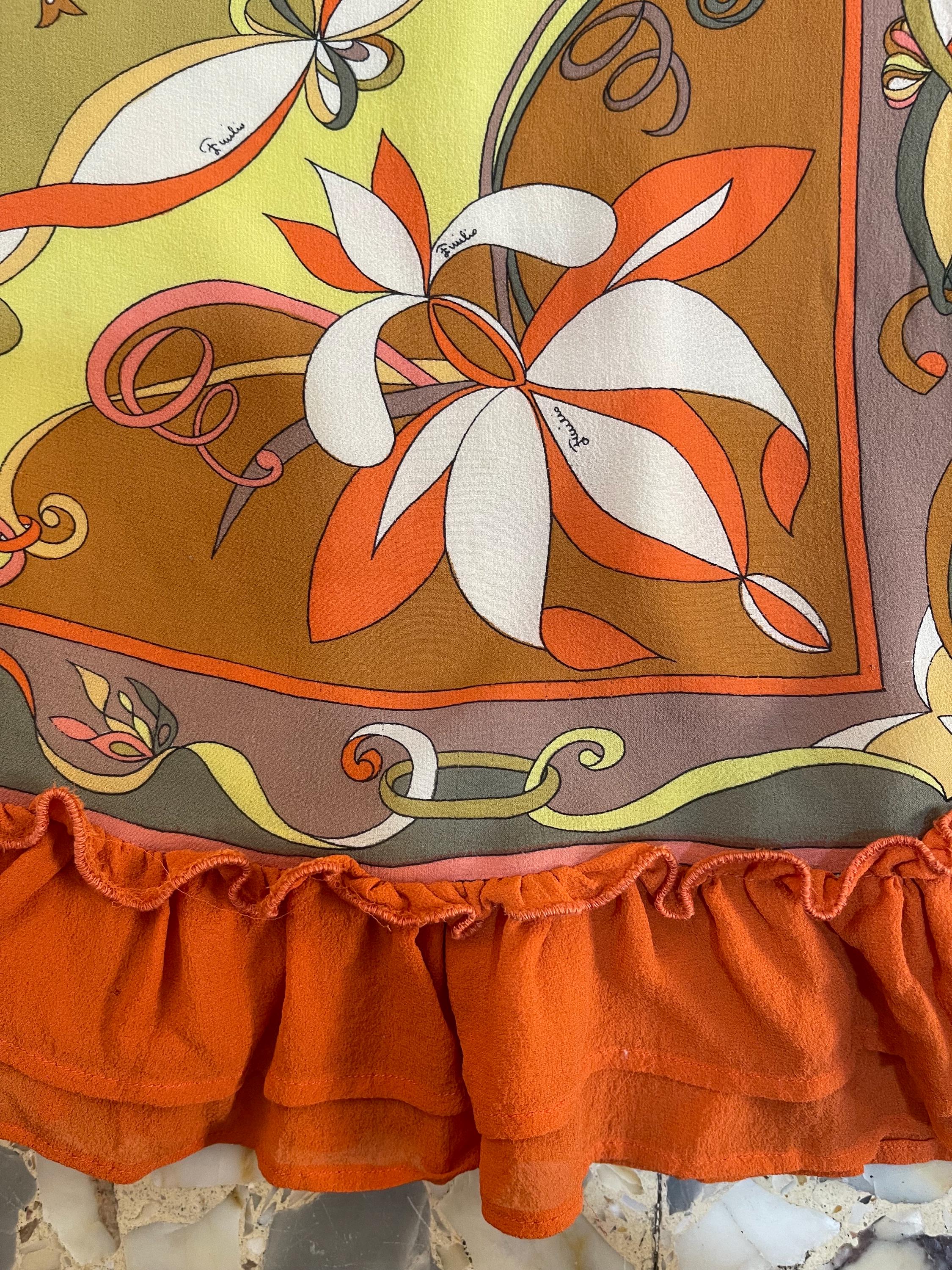 60s Emilio Pucci Silk Psychedelic Shift Dress Yellow Orange Floral