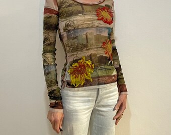 90s Jean Paul Gaultier Mesh Top Floral Applique Berlin Wall Print