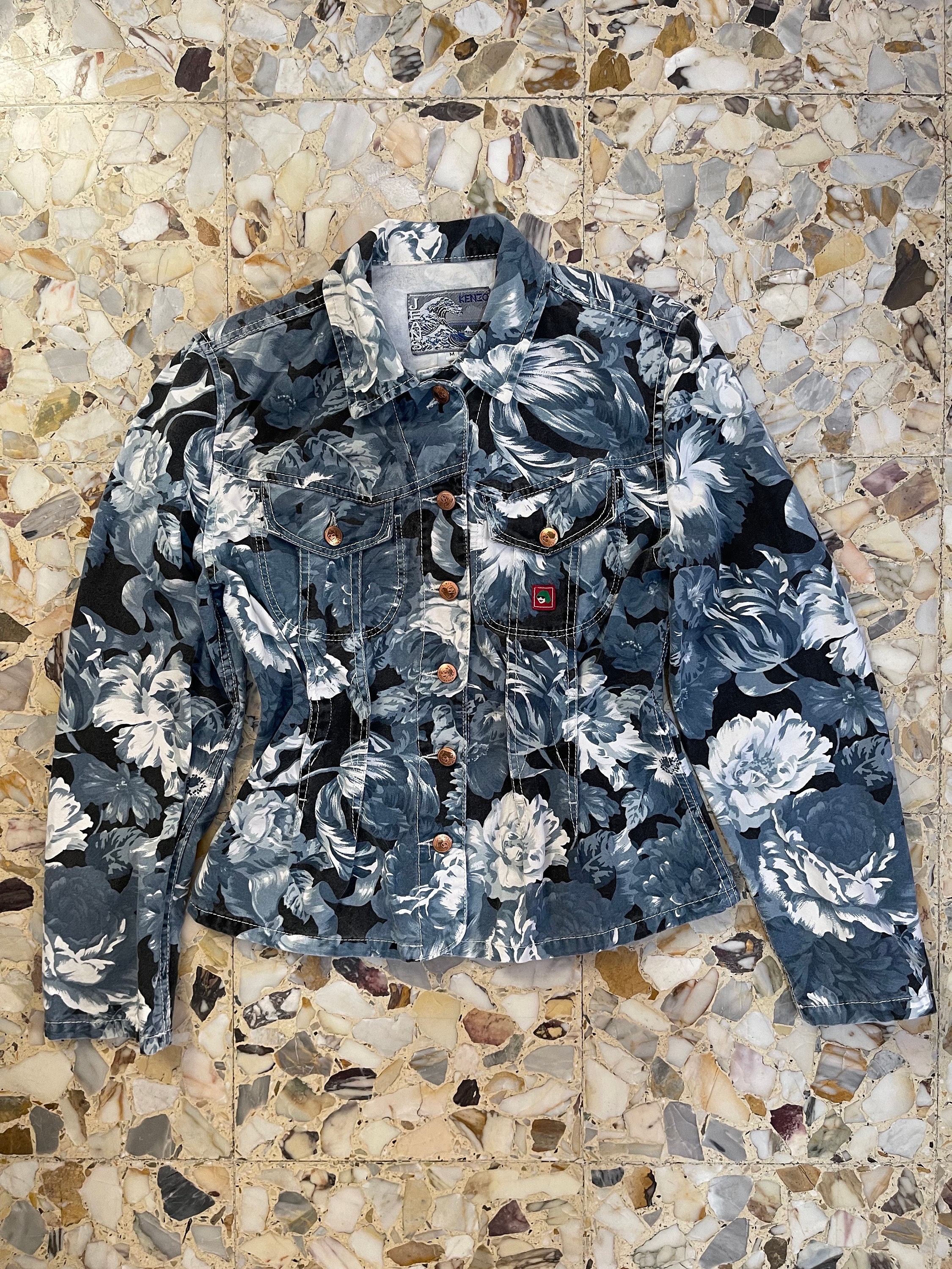 90s Kenzo Jeans Blue Floral Print Art School Denim Jacket Copper