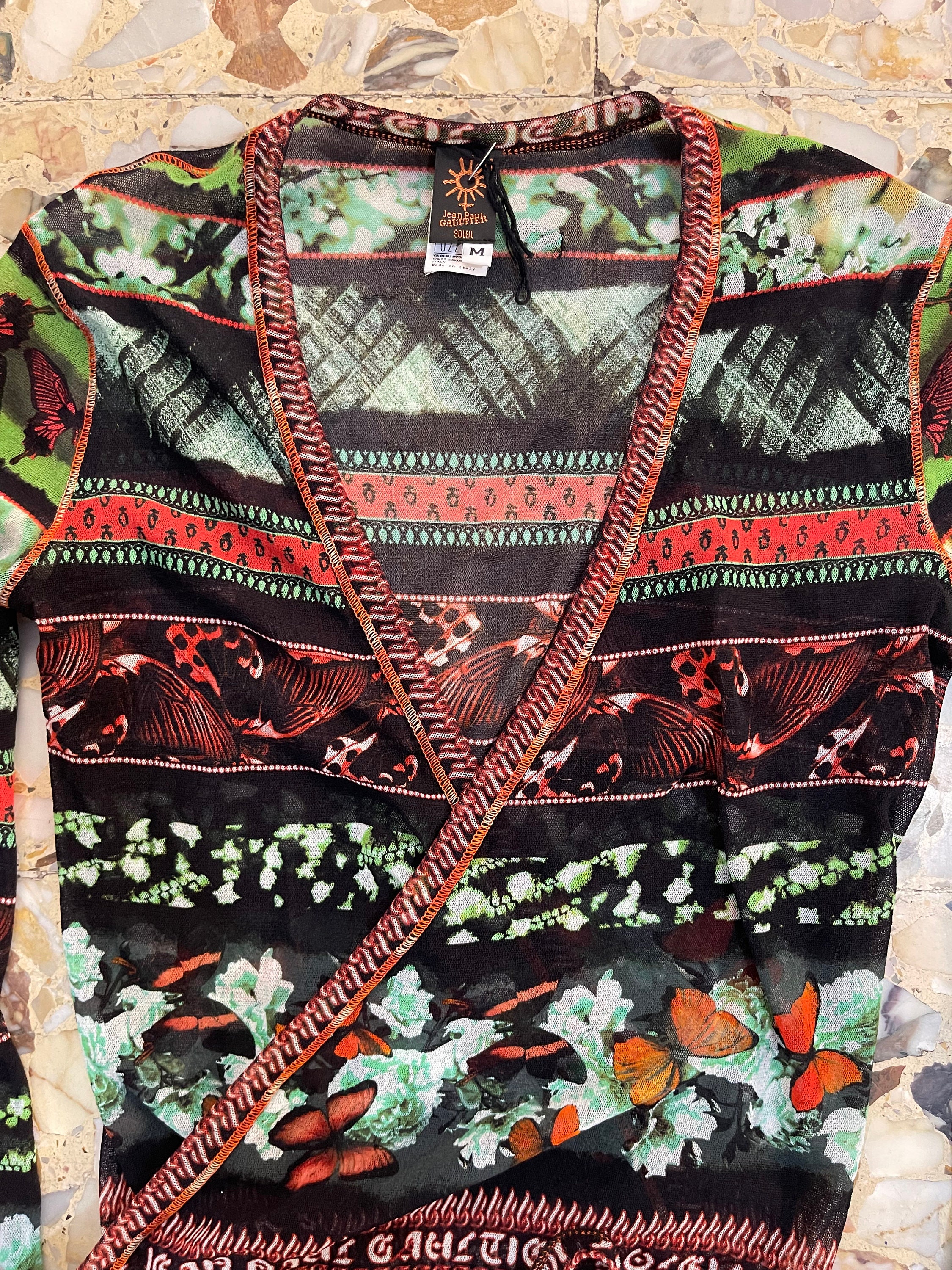 90s Jean Paul Gaultier Butterfly Print Sheer Mesh Wrap Crop