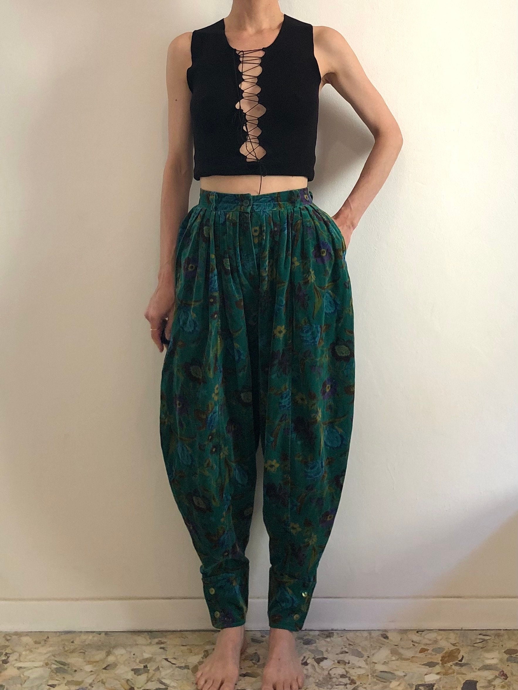 80s Kenzo Velvet Full Pleated Turquoise Floral Harem Pants 80s Kenzo Velvet Full Pleated Turquoise Floral Harem Pants