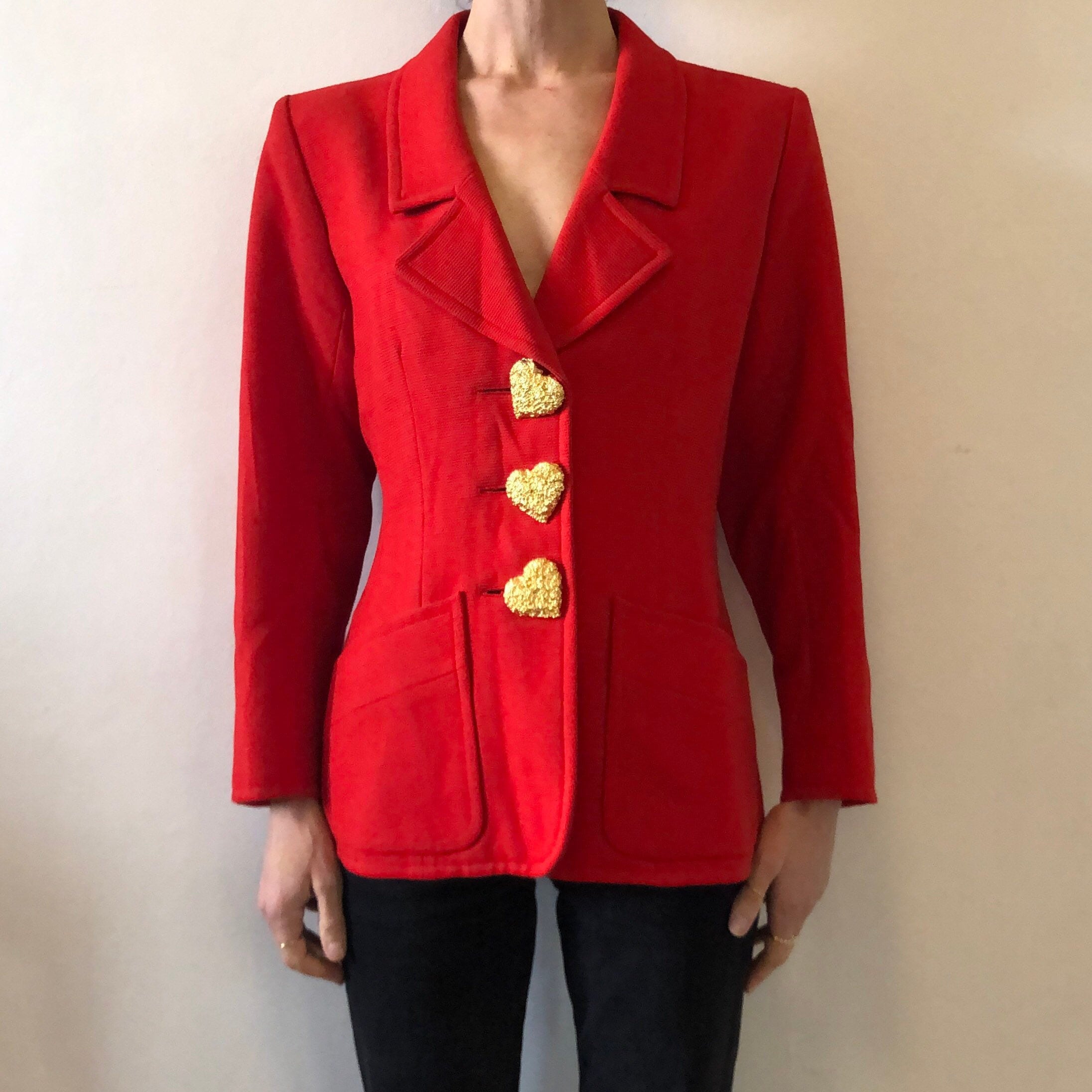 80s Yves Saint Laurent Giant Gold Heart Buttons Red Wool 80s Yves Saint Laurent Giant Gold Heart Buttons Red Wool