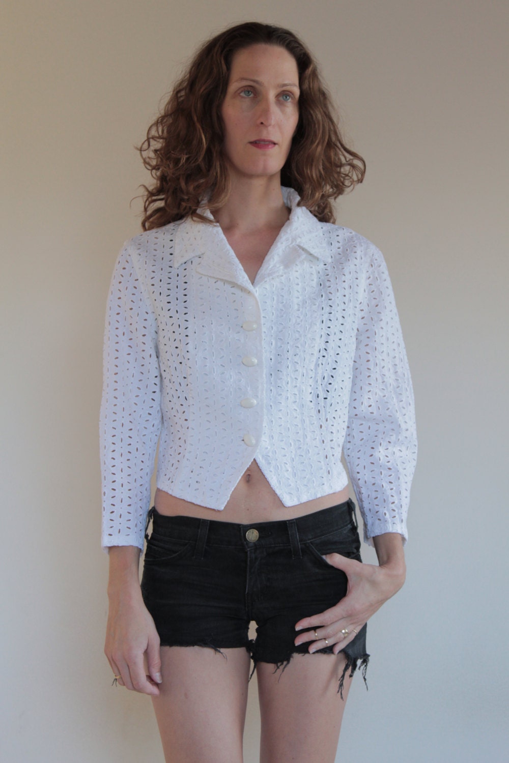 Byblos, 80s Byblos White Lace Cotton Short Summer Jacket