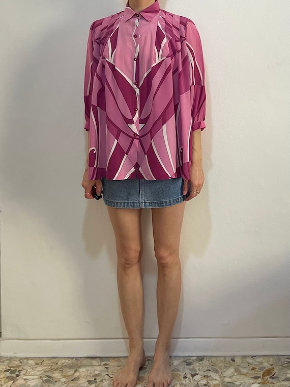 Emilio Pucci, 60s Emilio Pucci Silk Pink Geometric Pleated Oversize Blouse Top For Vivara