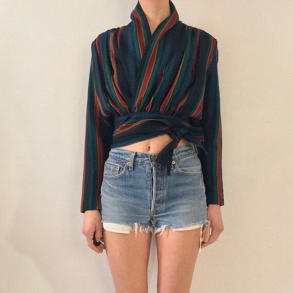 70s Kenzo Striped Wool Peasant Wrap Blouse Crop To