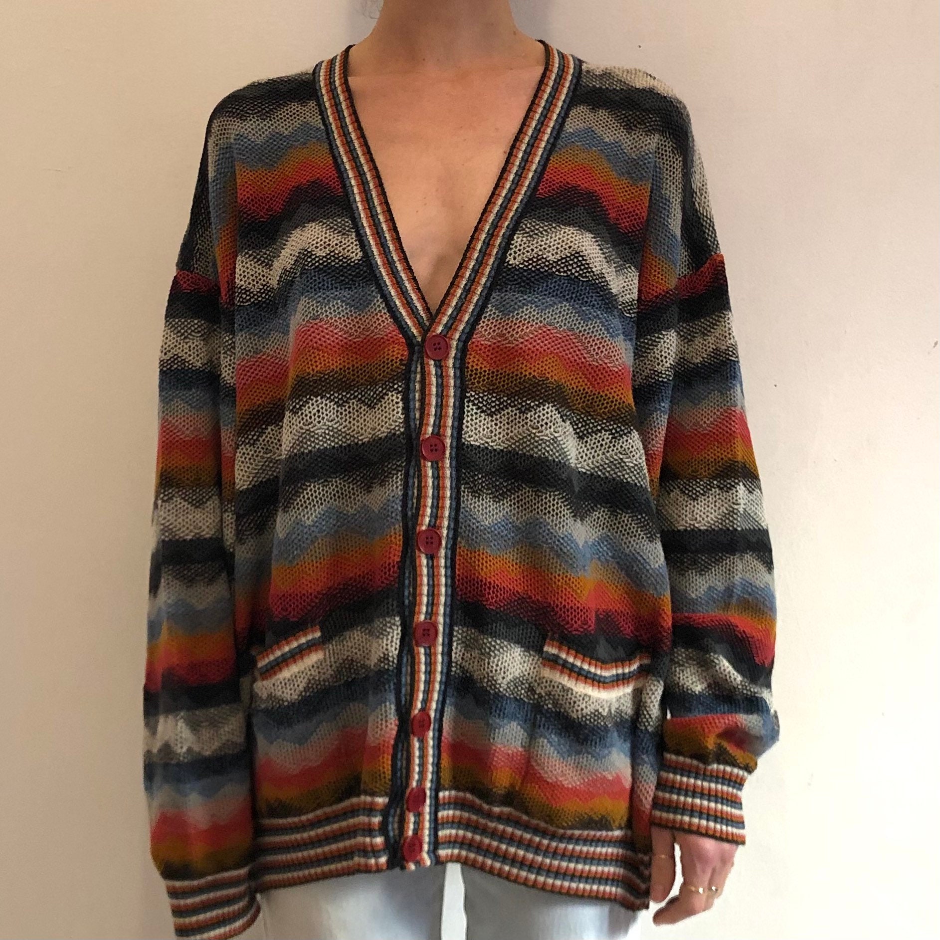 Vintage 80s Missoni Sport Cardigan: Rainbow Zig Zag Cotton Knit - Etsy