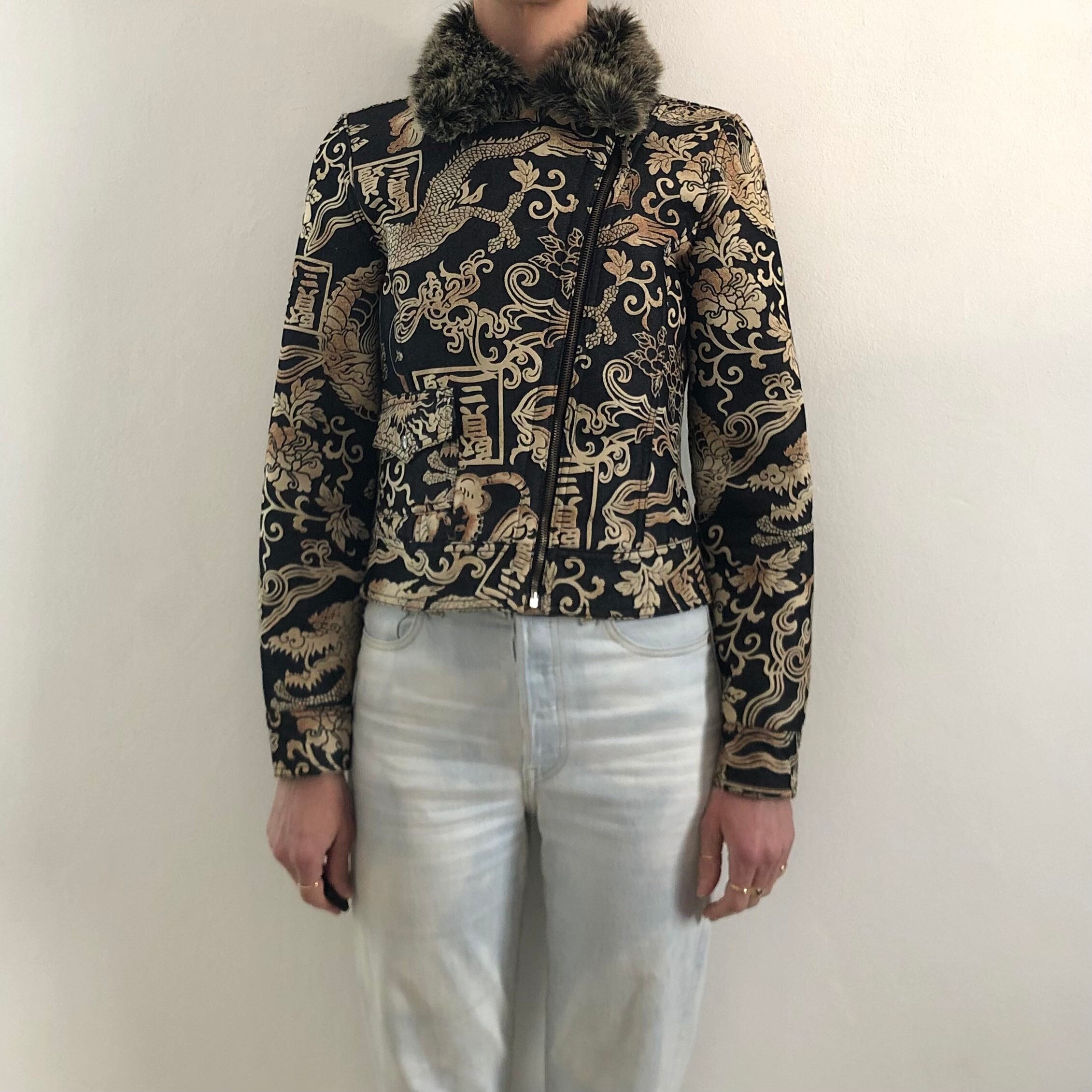 80s Kenzo Jeans Japanese Asian Print Denim Jacket With Fake Fur