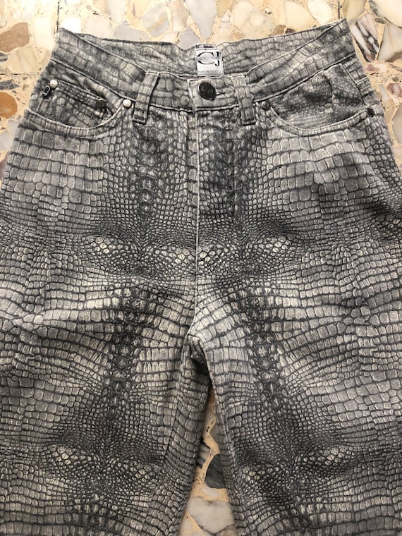 90s Cavalli Grey Crocodile Snake Skin Stretch Skinny Straight Leg