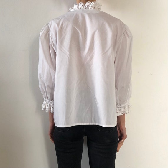 80s White Cotton Poly Lace Button Up Blouse With … - image 3