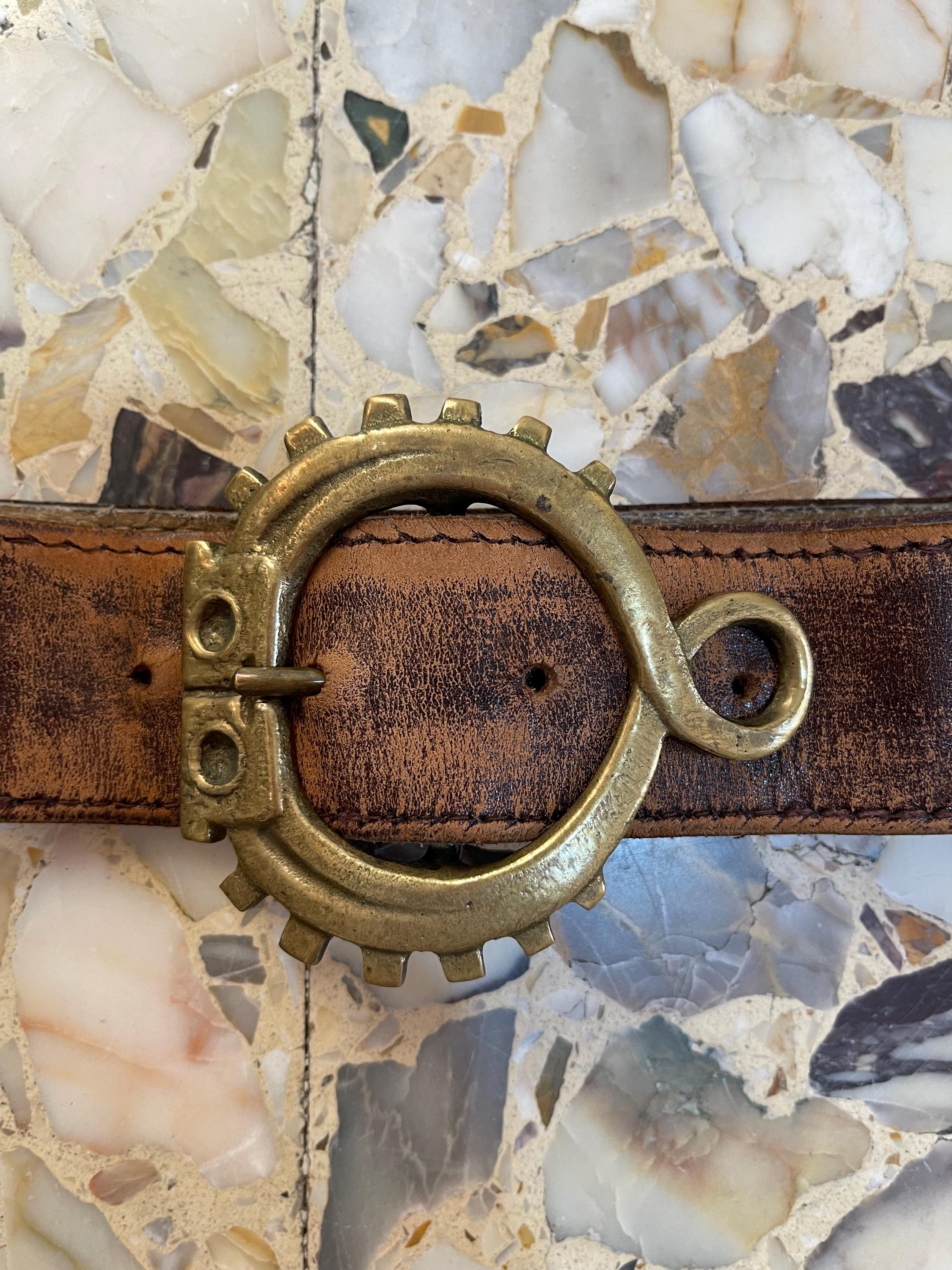 70s Brown Leather Belt With Patina Brass Pisces Fish Buckle 
