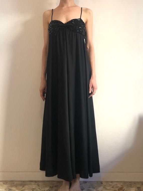 70s Black Sequin Nylon Jersey Empire Waist Maxi Dress Goth Dark 