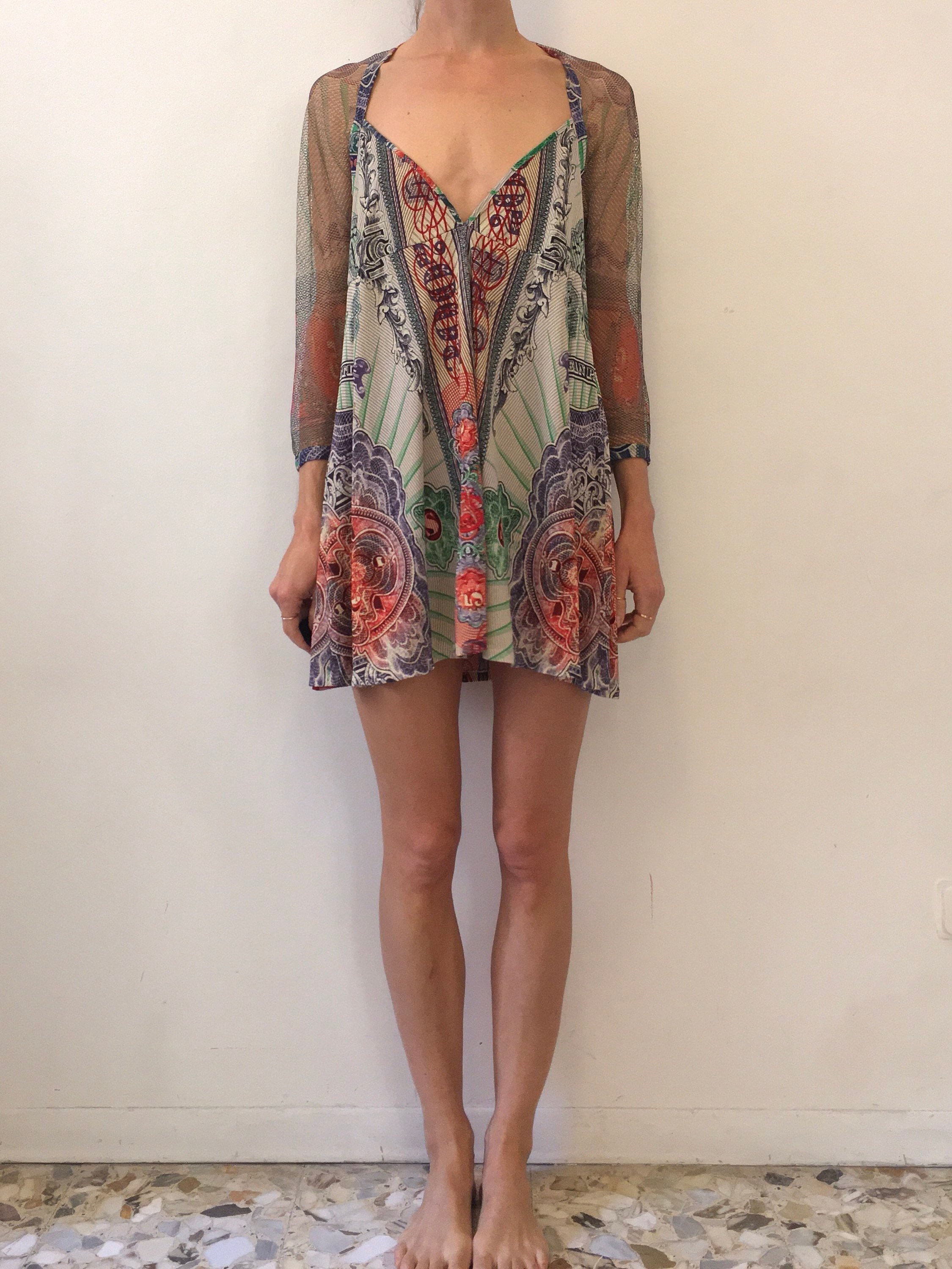 90s Jean Paul Gaultier Money Currency Print Open Back Mesh Club