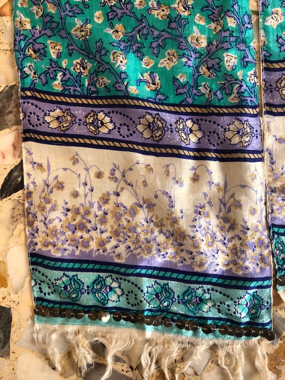 90s Silk Indian Gauze Blue Floral Long Block Prin… - image 6