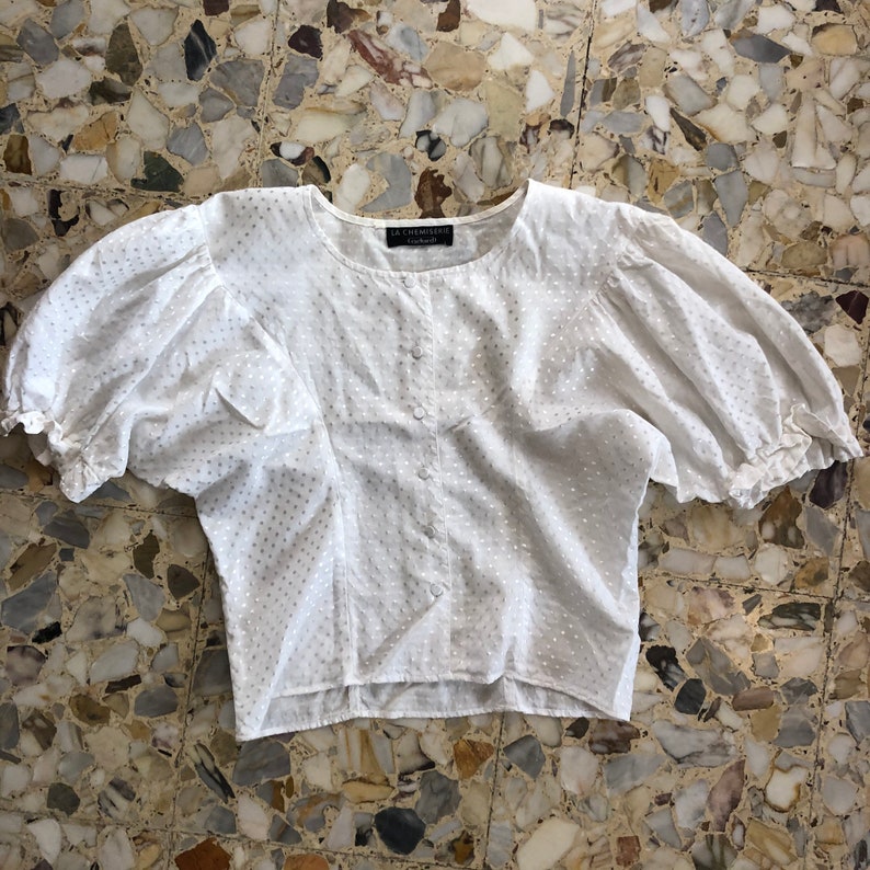 80s Cacharel Prairie Peasant Blouse White Cotton With Gathered Puff Sleeves image 5