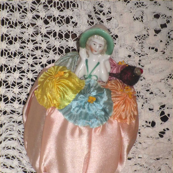Pretty in Pink Porcelain 1920s PINCUSHION Half-Doll in Floral Gown ~Figural DECO Dresser Flapper Doll ~Vintage Sewing Pin Cushion ~MINTY!