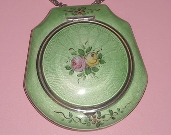 Gorgeous GUILLOCHE Deco Floral Vanity ~1920s Enameled Flapper Compact w/ Chain~ GREAT Gatsby Green Dance Purse w/ Pink Flowers ~Super Shape!