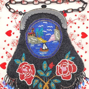 Rare Deco SCENIC Beaded 1920s Purse w/ RHINESTONES Celluloid Frame  ~Flapper Roses Vintage Bag ~Colorful Bead Antique Bakelite Top Handbag