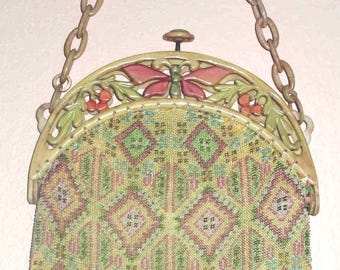 Beautiful BUTTERFLY Deco CELLULOID Frame ~Art Nouveau MICRO Beaded Purse~ 1920s Flapper Vintage Bag & Figural Bakelite Clasp ~Fab Fringe!