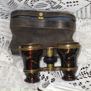 RARE Antique 1900 Opera Glasses in Leather Case ~Unique Vintage  Brass BINOCULARS from London ~Painted Faux Tortoiseshell ~Great Shape!