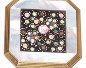 Mod Mother Of PEARL Vintage VOLUPTE 1950s Compact Unusual Octogan Shape w 3-D Floral Design Vibrant Vanity Case MCM Maisel Make-Up